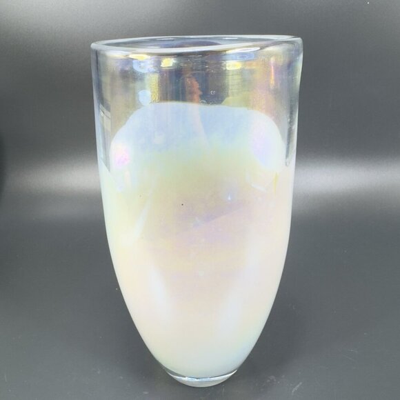 Heavy Art Glass Vase Vessel White Iridescent Finish Multicolor Glass Vase Decor - Picture 15 of 15